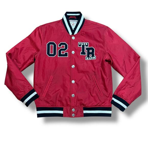 Vintage Y2K True Religion Varsity Bomber Jacket Mens Red Black Embroidered Sz L - Picture 2 of 13